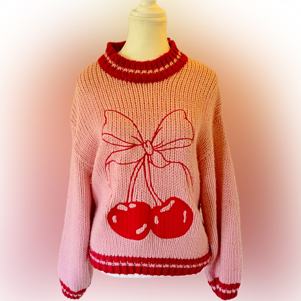 Altar'd State oversized Cherry bow Knit Sweater Pink and Red xs run large